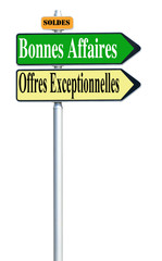 panneau signalisation soldes bonnes affaires, fond blanc