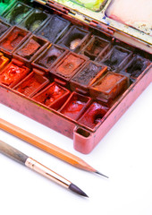 Box of professional water-color paint on white