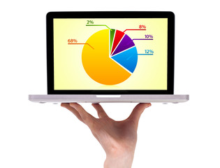 A male hand holding a laptop with pie chart