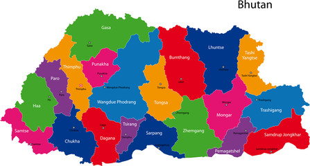 Map of Kingdom of Bhutan with provinces