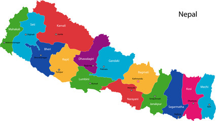 Map of the Federal Democratic Republic of Nepal with zones - obrazy, fototapety, plakaty
