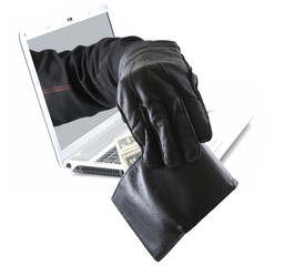 Hacker taking money out of pocket concet