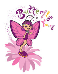 Butterfly fairy smiling on top of a pink daisy