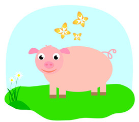 Vector smiling pig on the grass
