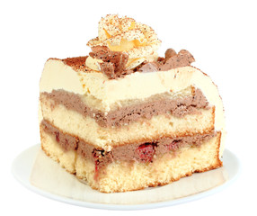 Part of chocolate cake with flowers of rose