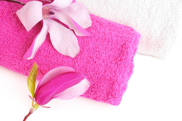 Magnolia blossoms and bath towels on white