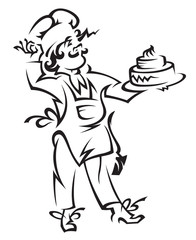 chef with tray of cake in hand