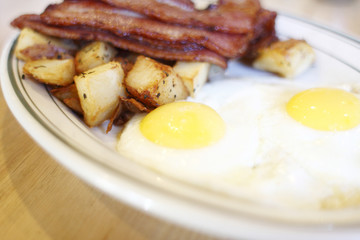 A breakfast of eggs, bacon, and potatoes.