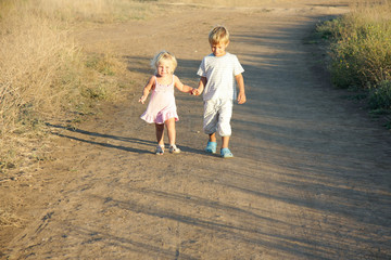 brother and sister walking by country road