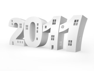 Iinscription 2011 stylized as building. Isolated on white