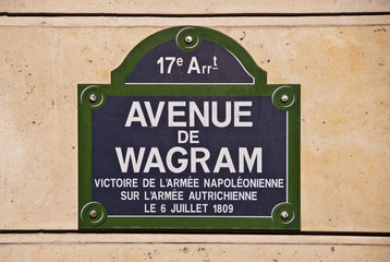 Plaque de rue de l'avenue de Wagram à Paris - 17ème arrondissement, France