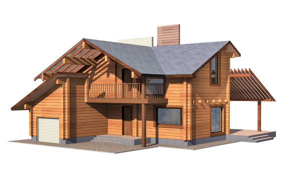 Residential house of wooden timber. 3d model render.