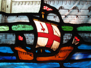 Tudor galleon on a stained glass window