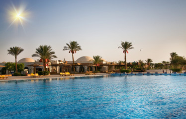 African resort, swimming pool.