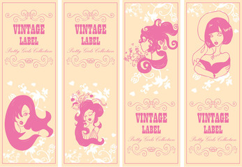 Vector vintage labels banner frame set with girls and flowers