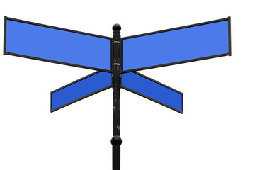 Old  blue signpost on a white background and ways to choose