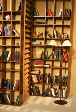 Bookself with books and lamp
