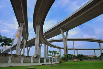 Curve of the suspension bridge with brighten sky view