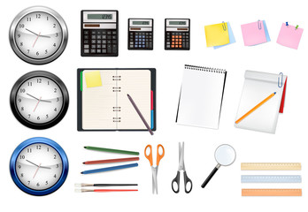 A clocks, calculators and some office supplies. Vector.