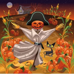 Foto op Canvas Scarecrow with pumpkins. Vector illustration. Isolated objects © ddraw