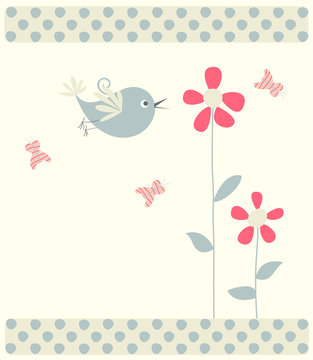 floral greeting card with bird and butterflies
