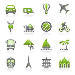 Travel icons for web.  Gray and green series.