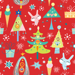 seamless pattern christmas trees and bunnies