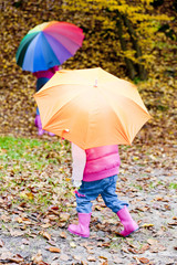 mother and her daughter with umbrellas in autumnal nature