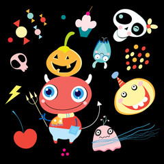Halloween funny devil with pumpkin and skull