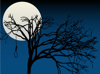 Spooky Full Moon highlight bare tree with hanging noose