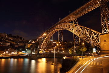 Dom Luis Bridge illuminated at night, Oporto Portugal