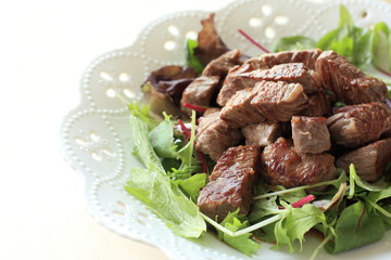Japanese cube steak with baby leaf salad