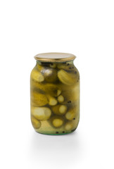 Pickled cucumber in glass jar. Clipping Path.