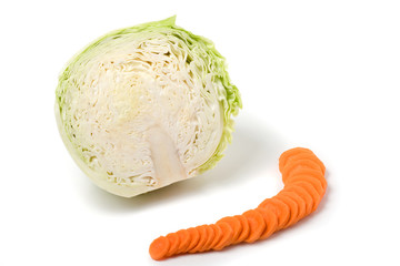 Cabbage and carrots on a white background