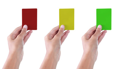 hand showing a red, yellow and green card