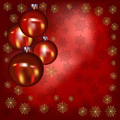 Fototapeta na wymiar Christmas balls and gold snowflakes on a red