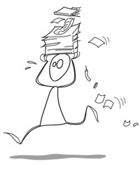 Omino carico di lavoro corre con documenti e telefono