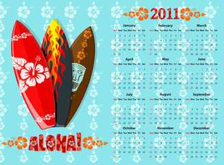 Vector blue Aloha calendar 2011 with surf boards