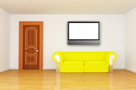 minimalist living room with yellow couch and LCD tv