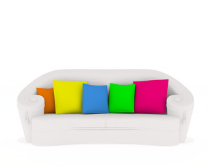 white couch with colored cushion isolated on white
