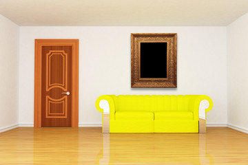 living room with yellow couch and modern picture frame