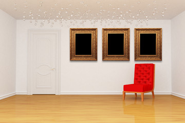 Empty room with door, red chair and golden picture frames