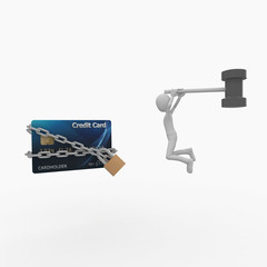 3d man wiht credit card and hammer