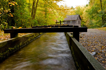Water flowing in water mill aqueduct at Mingus Mill in Smoky Mou