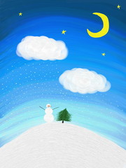снеговик и маленькая ёлочка - obrazy, fototapety, plakaty
