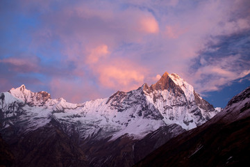 Mount Machapuchare sunset - view from Annapurna base camp.