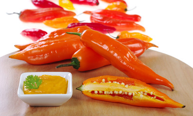 Peruvian hot pepper: Aji and aji salsa (Selective Focus)
