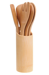 Wooden kitchen utensils isolated on white background