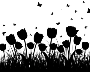 Fotobehang Zwart wit bloemen weide silhouetten