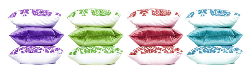 Four stacks of colorful cushions